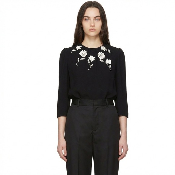 Prada Tops - PRADA ASOTV Glamoretti Black Floral Beaded Embellished 3/4 Sleeve Blouse IT 42